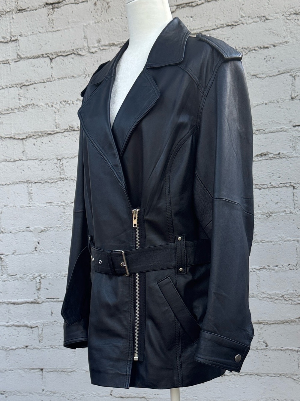 ✨RARE✨ Nasty Gal Collection Leather Oversized Moto Jacket Trench Coat Size 4 - Picture 5 of 10